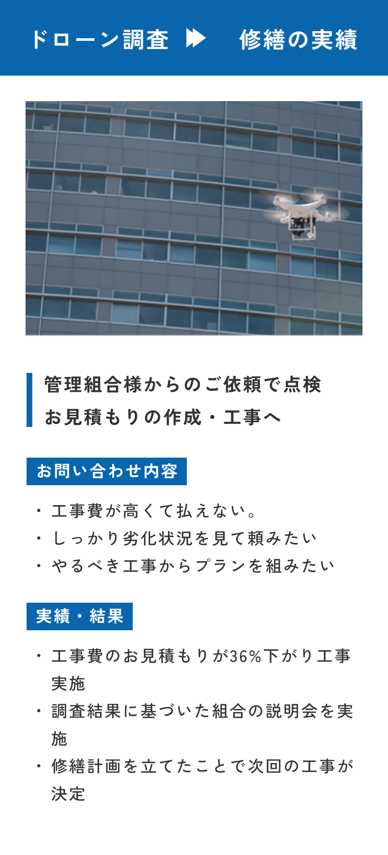 ドローン調査→修繕の実績。管理会社組合様からのご依頼で点検、お見積もりの作成・工事へ。お問い合わせ内容：工事費が高くて払えない・しっかり劣化状況を見て頼みたい・やるべき工事からプランを組みたい。実績と結果：工事費のお見積もりが36％下がり工事実施・調査結果に基づいた組合の説明会を実施・修繕計画を立てたことで次回の工事が決定
